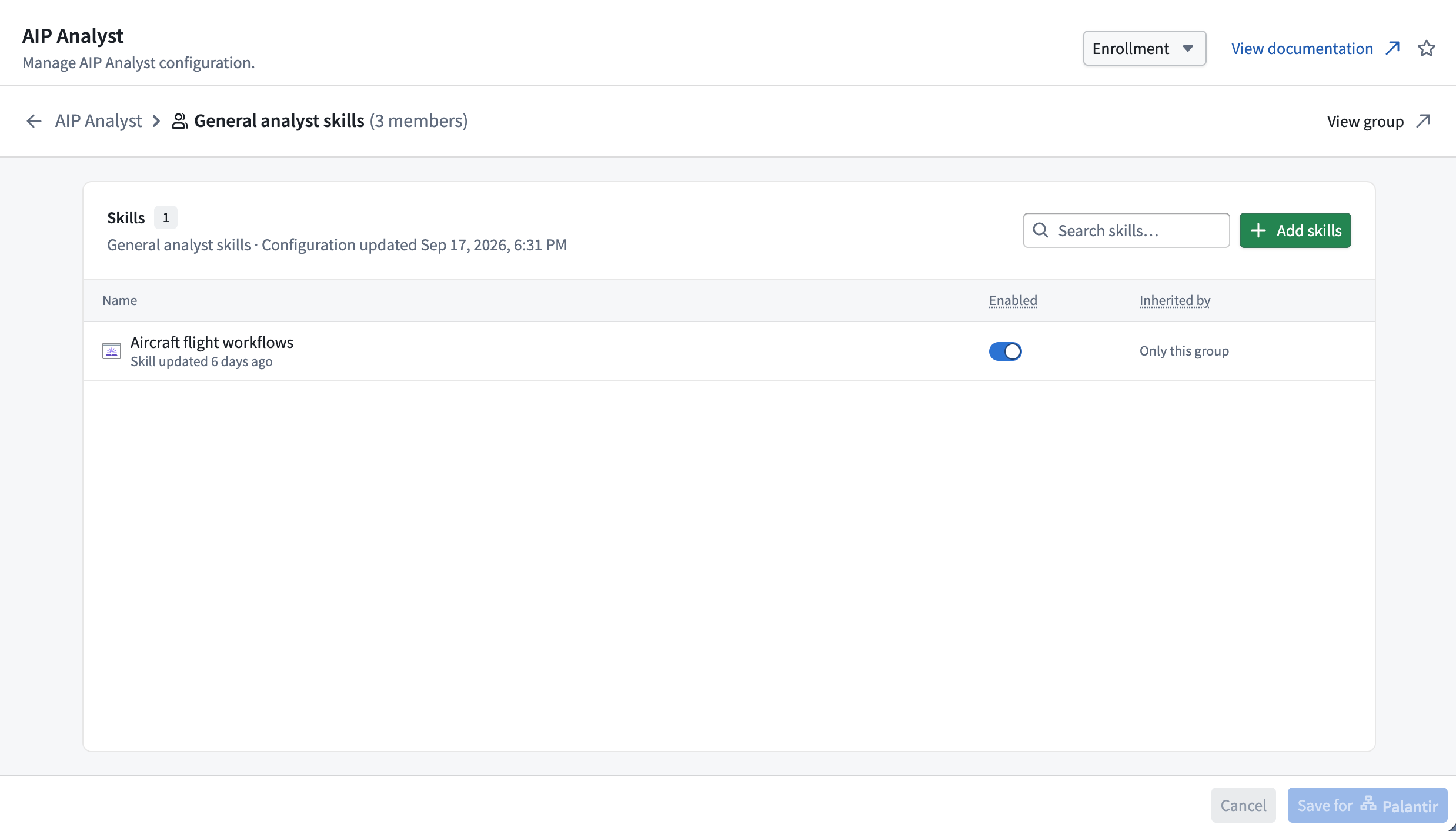 A group's skills page shows an assigned skill and its enabled state.