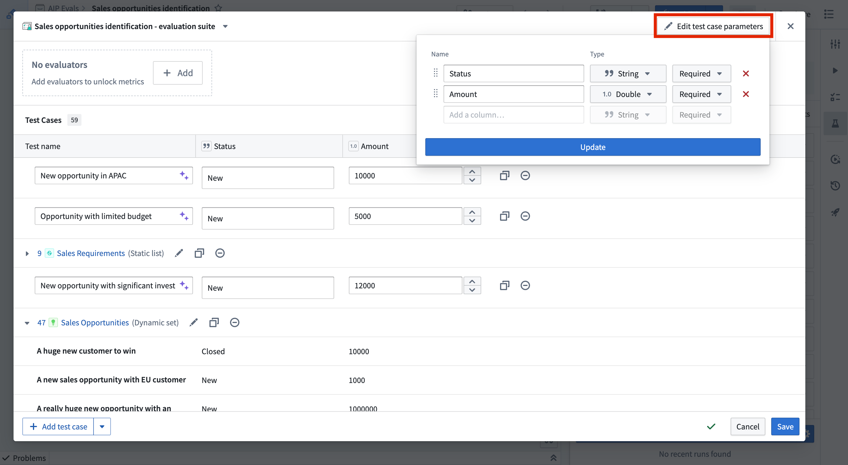 Configure test case parameters.