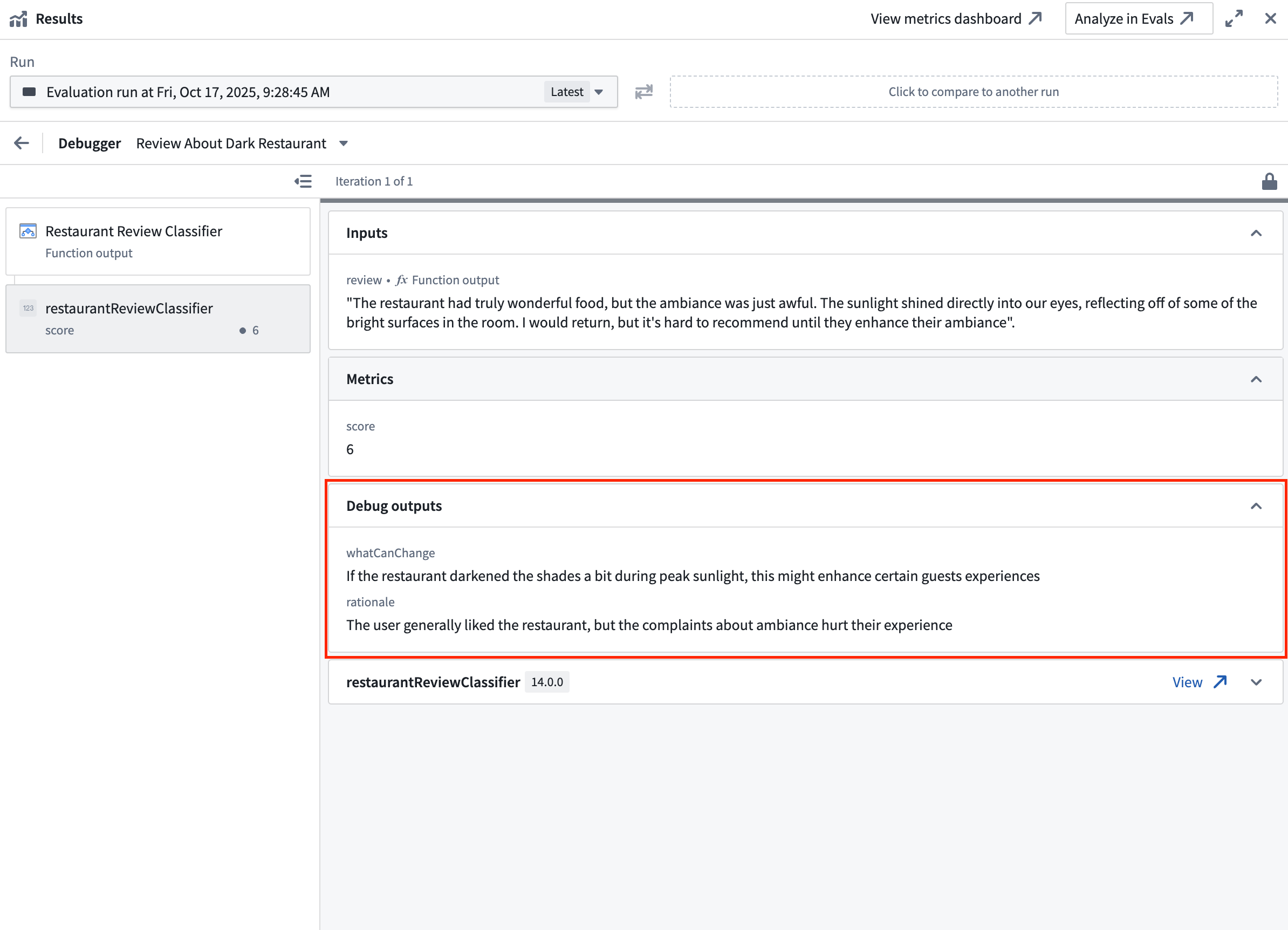 Debug outputs from a custom function evaluator.