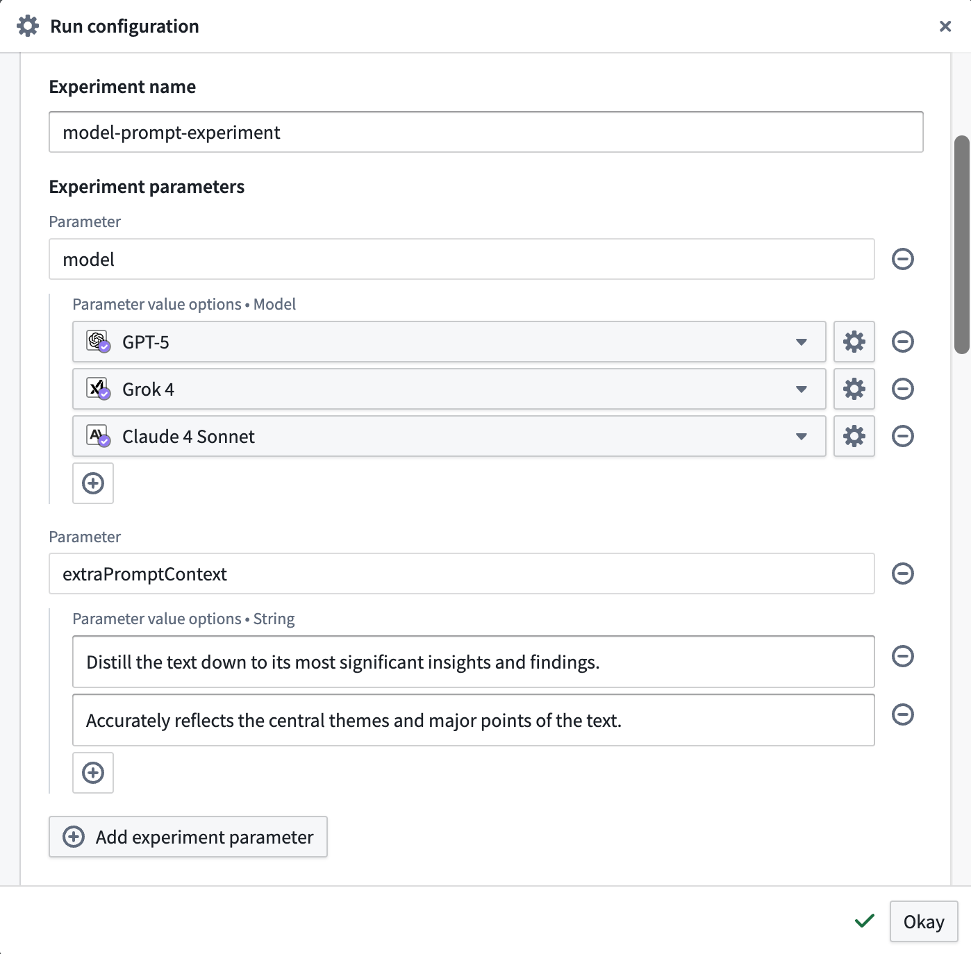 The "Run configuration" dialog with inputs for the experiment name and parameters. 
