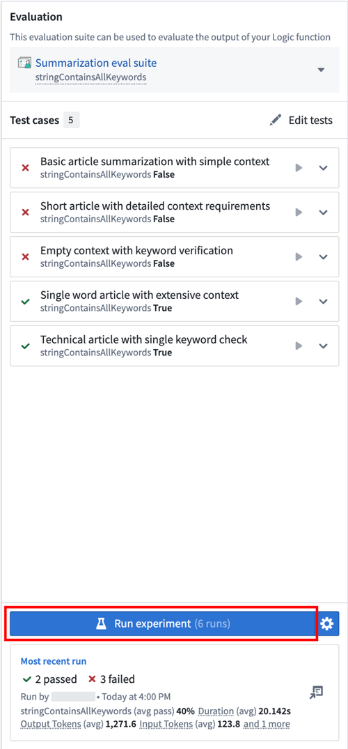 The "Run experiment" option shown below evaluation test cases.