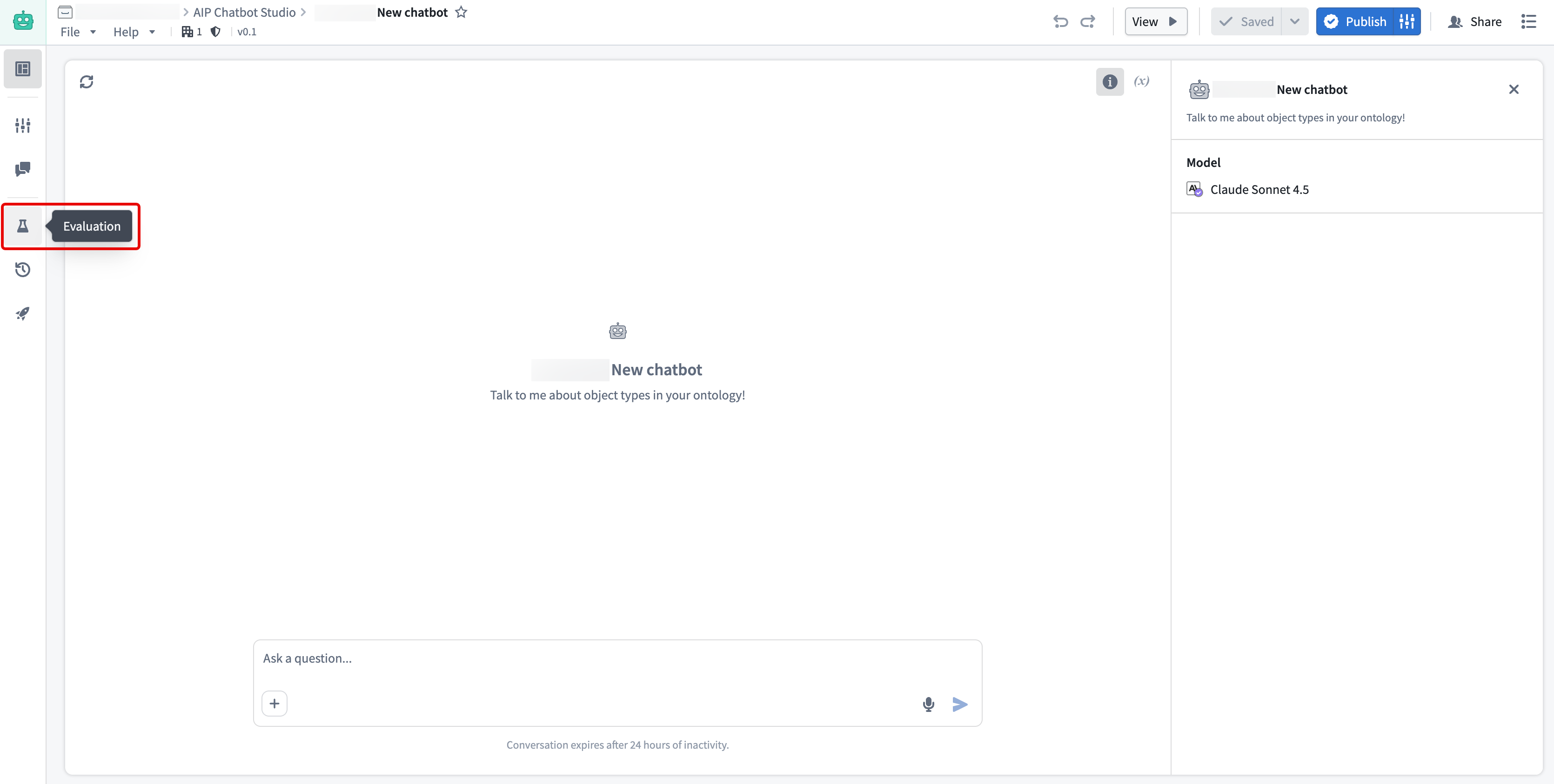 Evaluations side panel in AIP Chatbot Studio.