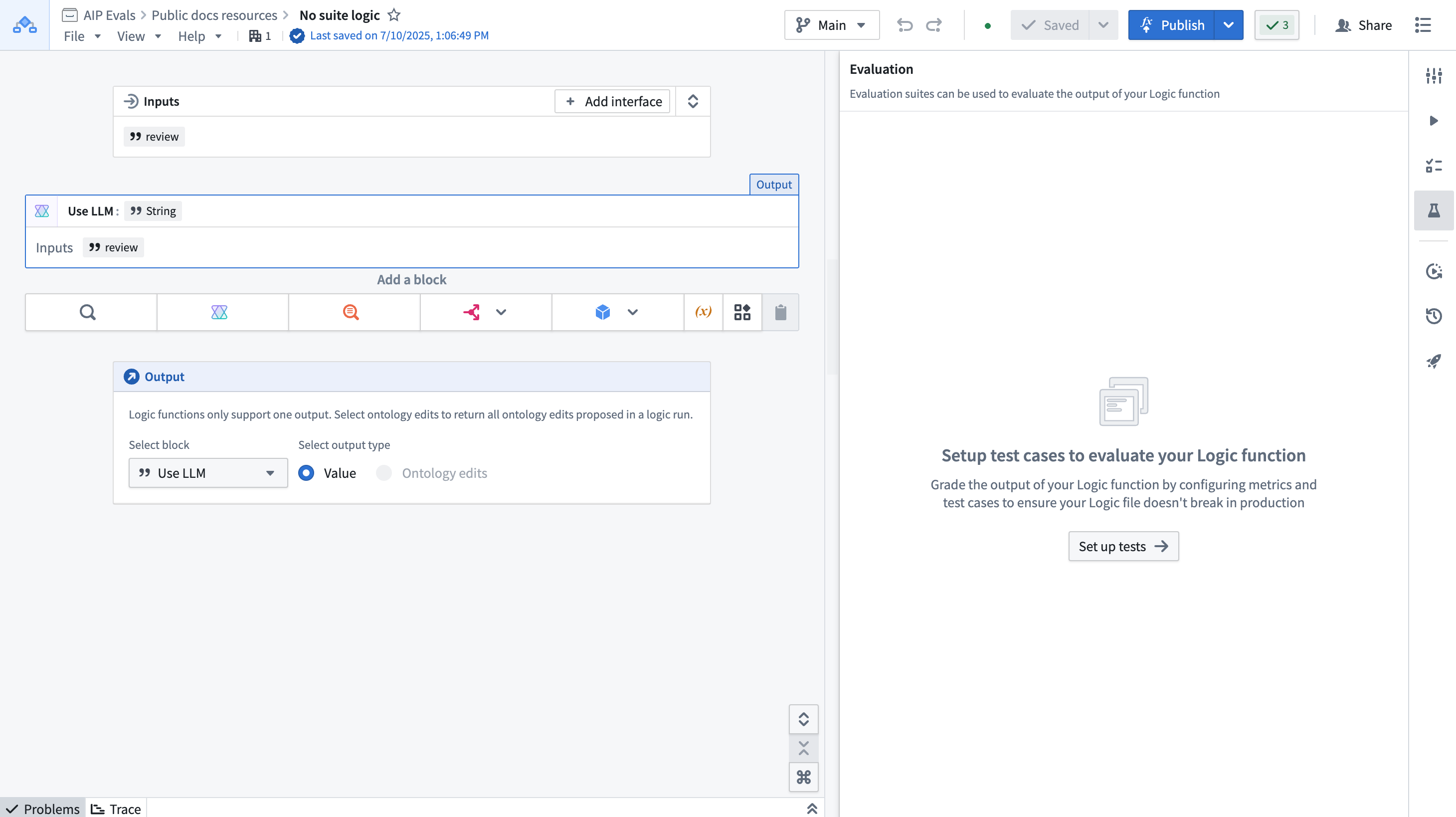 Evaluations side panel in an AIP Logic function.