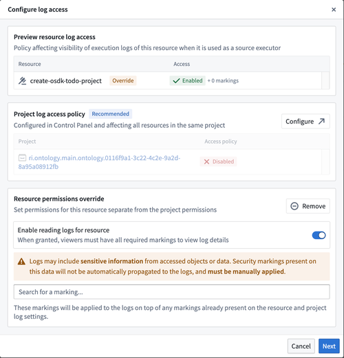 Example Workflow Lineage enable log reading dialog.