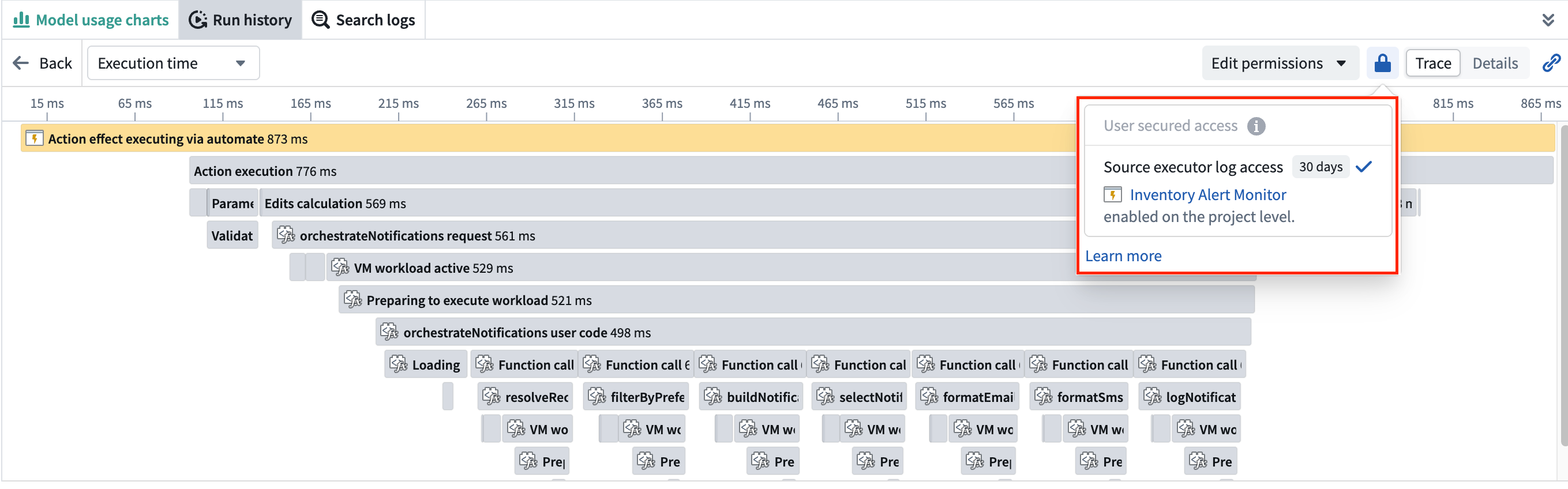 Source executor log access status tag showing full log access enabled on the project.