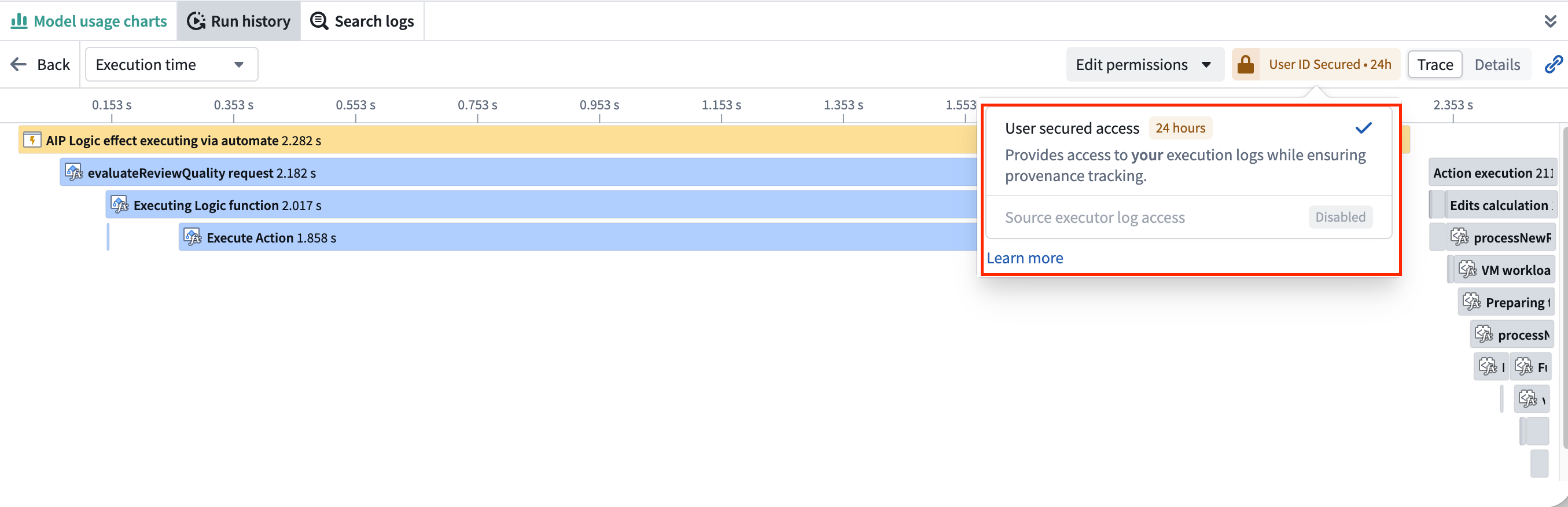 Source executor log access status tag showing user ID secured access for the past 24 hours.