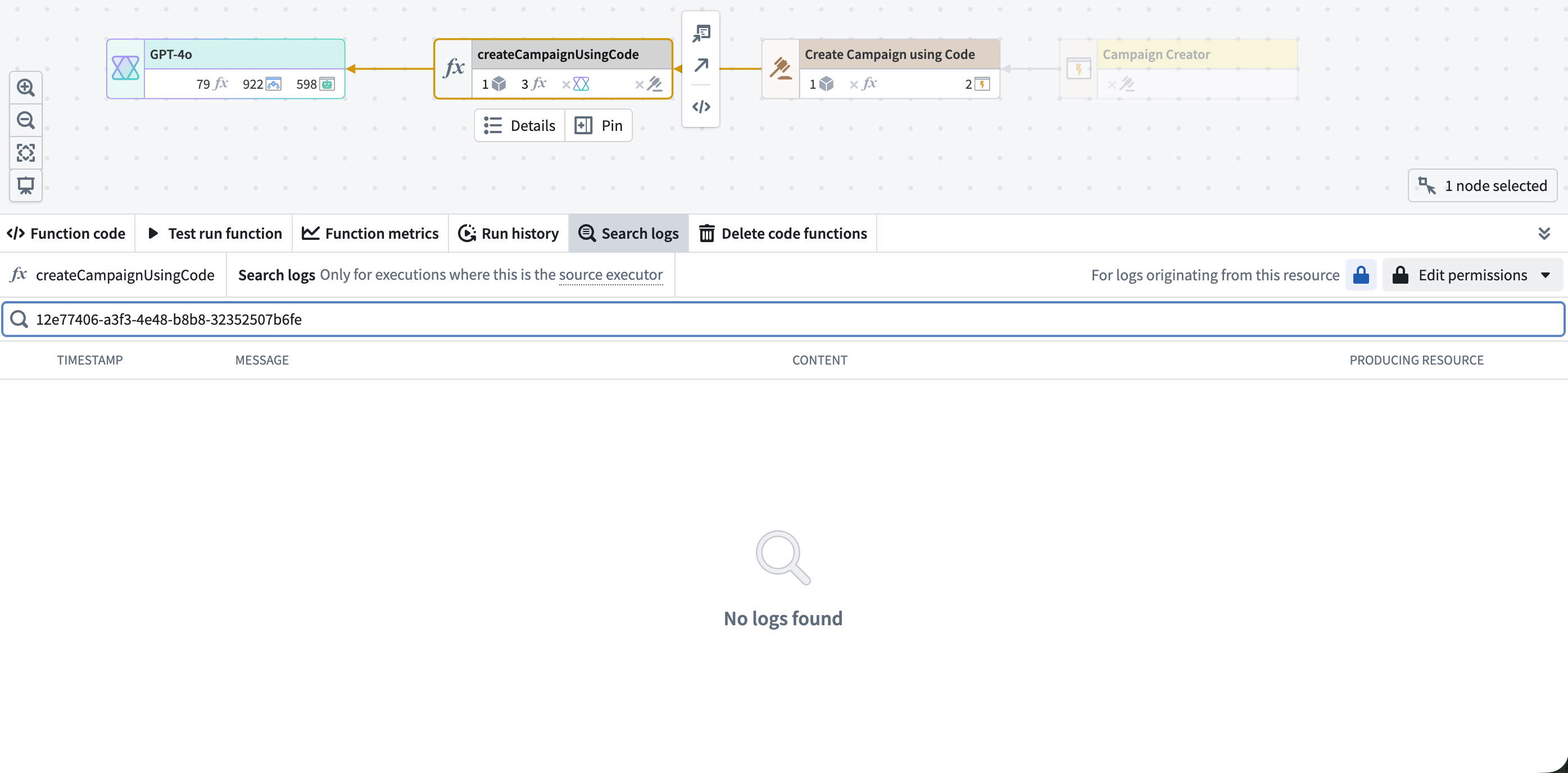 Log search showing no results because the selected function is a producing resource but not the source executor.