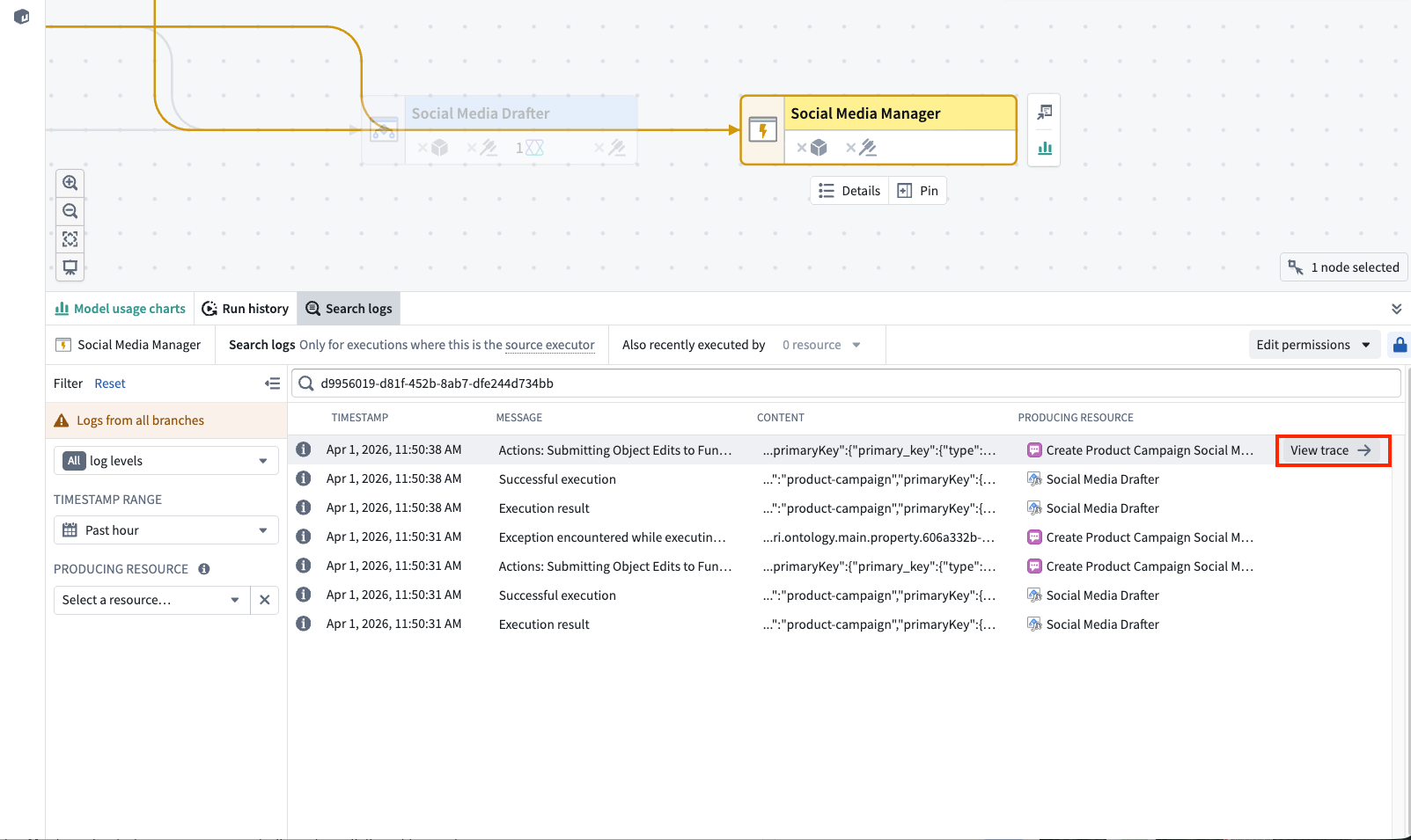 The View trace button appearing on hover at the right side of a log row.
