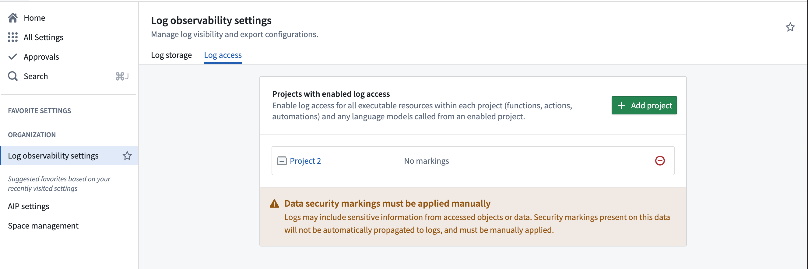 Control Panel showing project log access configuration interface.