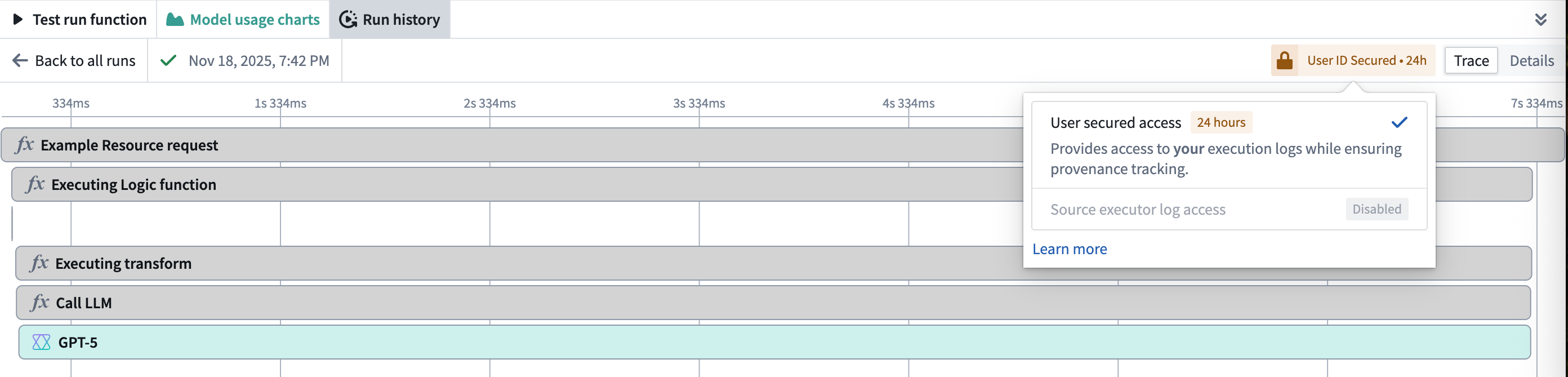 User viewing their own execution logs secured by user ID.