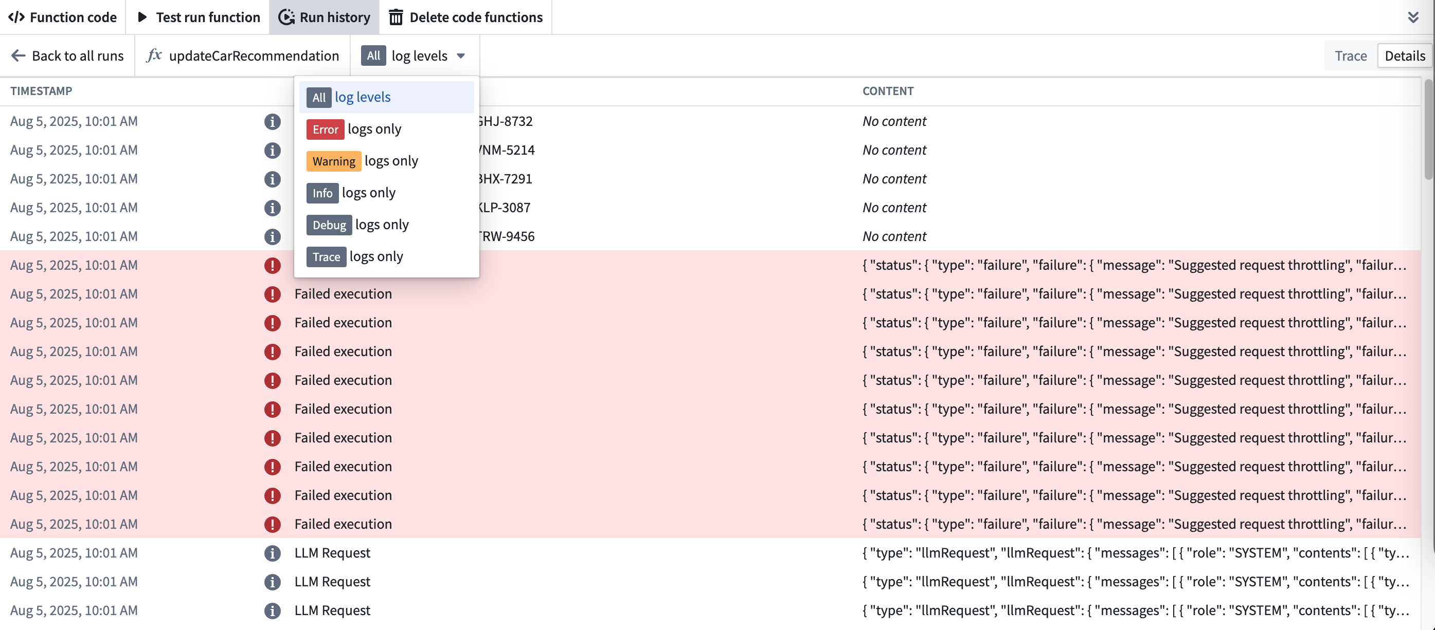 Example Workflow Builder with service log filter