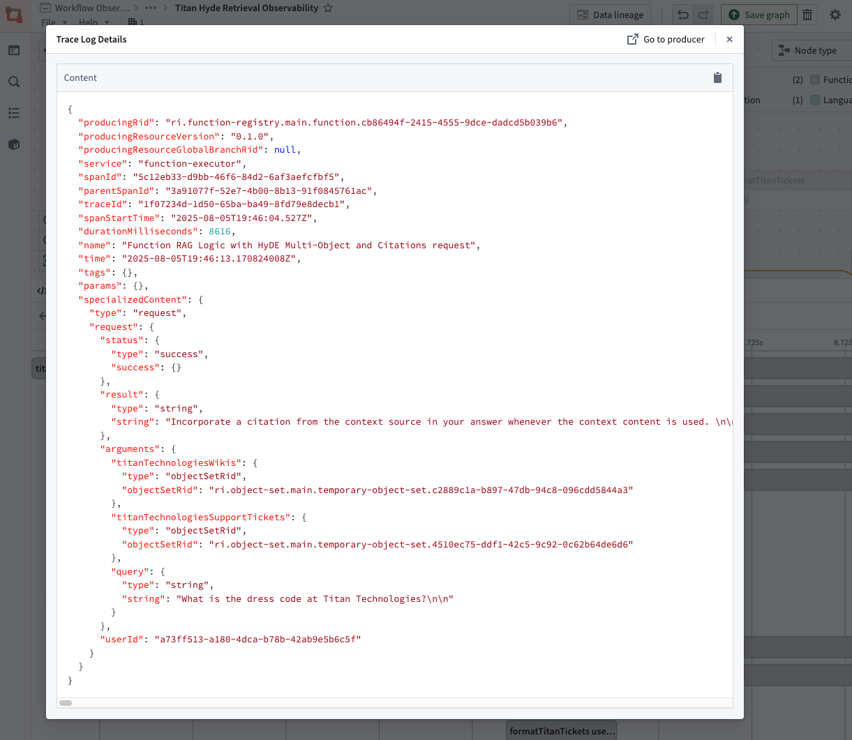 Example Workflow Builder with trace log details