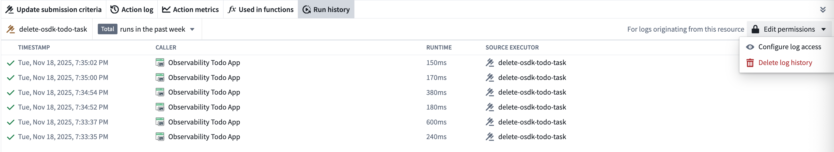 Workflow Lineage showing the Edit permissions button in the Run history table.