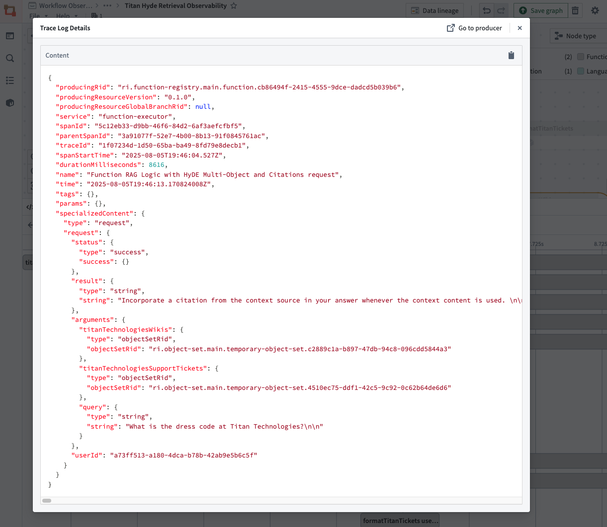Example Workflow Lineage with trace log details