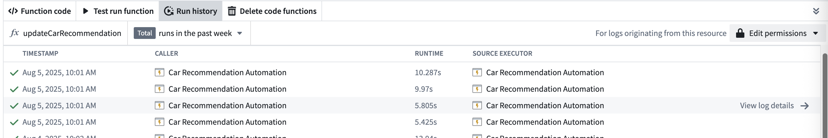 Example Workflow Lineage view log details option