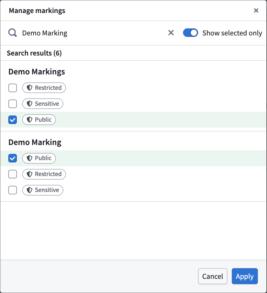 The Manage markings dialog with a mandatory Marking selected.