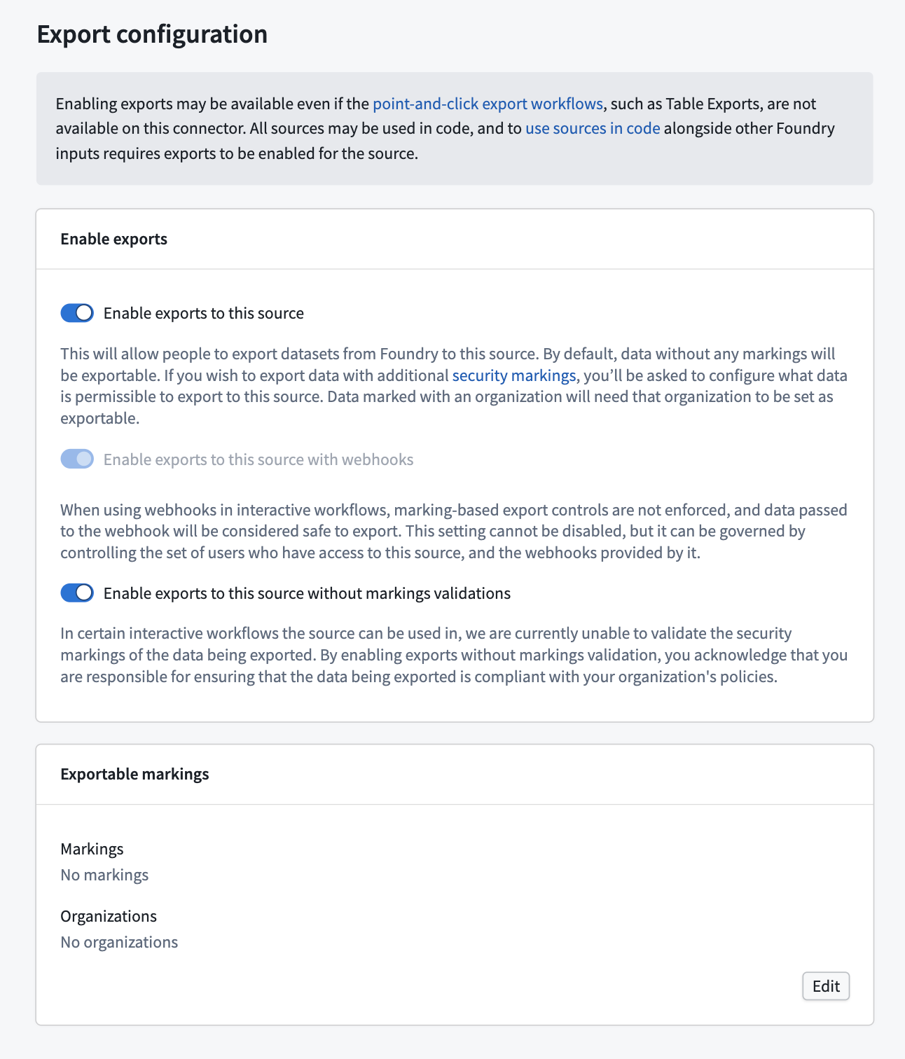 The Export configuration section with the Enable exports to this source and Enable exports to this source without markings validations toggles enabled.