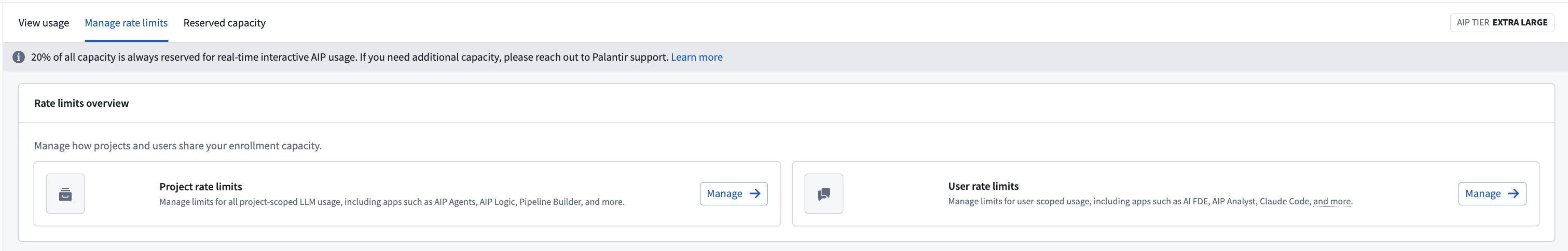 The Manage rate limits tab shows options for managing project rate limits and user rate limits.
