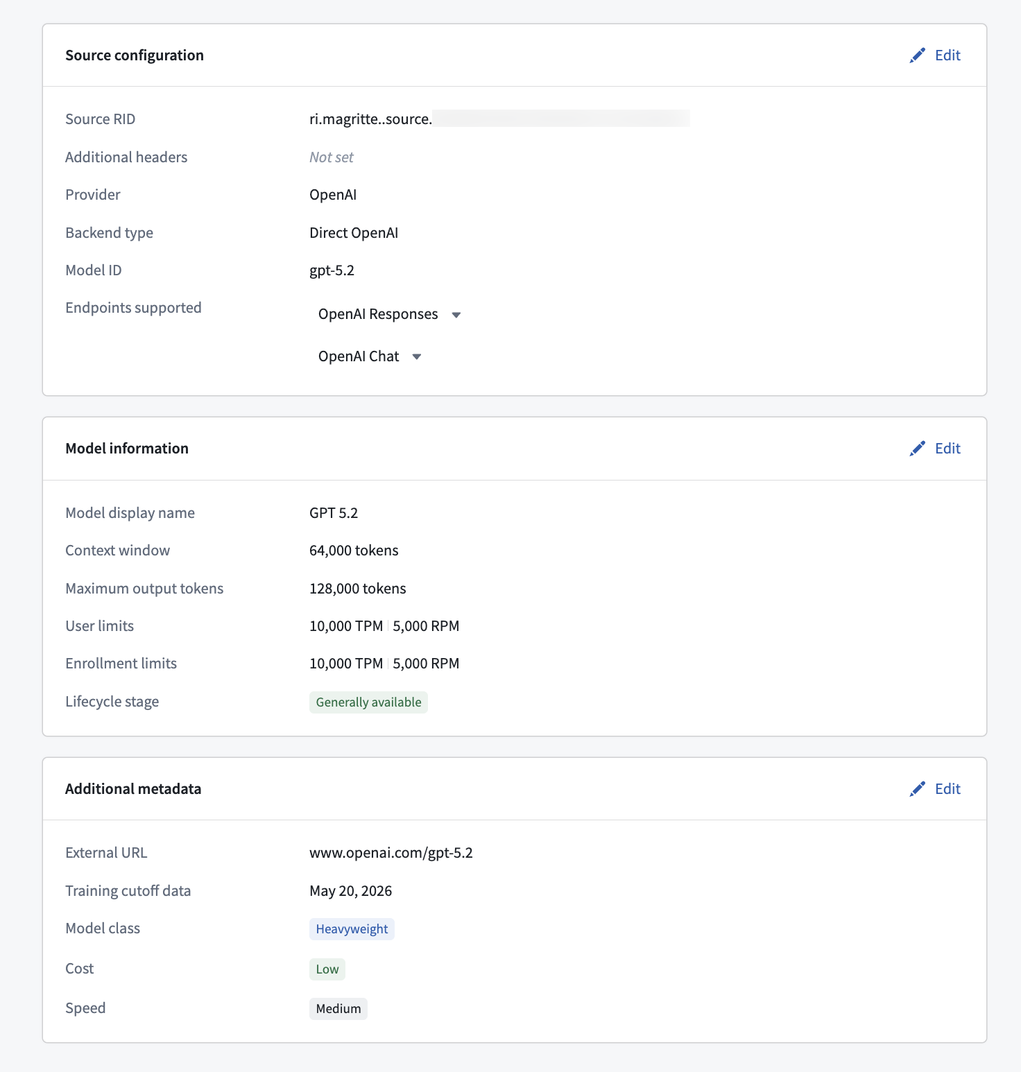 Source configuration and model information.
