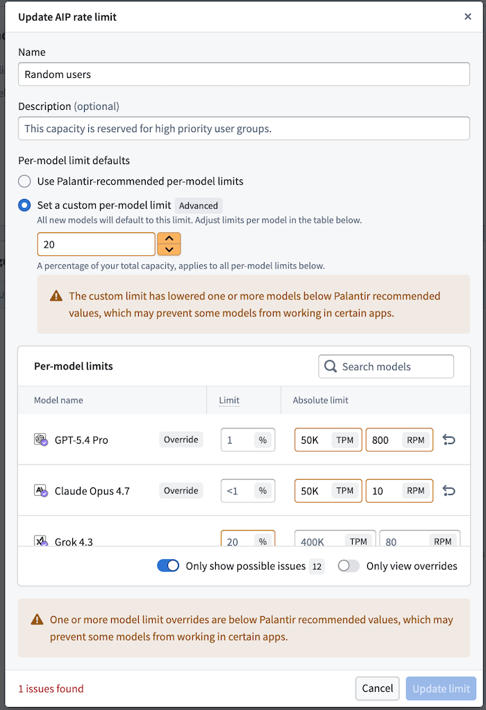 The user rate limits override configuration allows administrators to set percentage or absolute limit overrides for specific user groups.