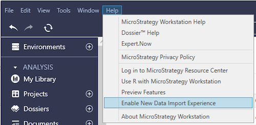 MicroStrategy ヘルプメニューでの新しいデータインポートエクスペリエンスの無効化