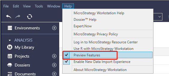 MicroStrategy ヘルプメニューでのプレビューフィーチャーの有効化