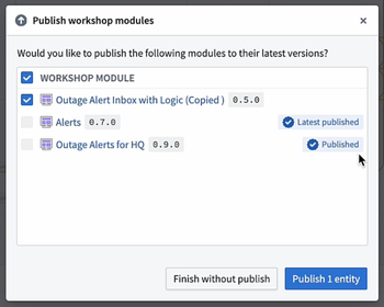 The Publish Workshop modules dialog in Workflow Lineage displaying the Latest published and Published tags.