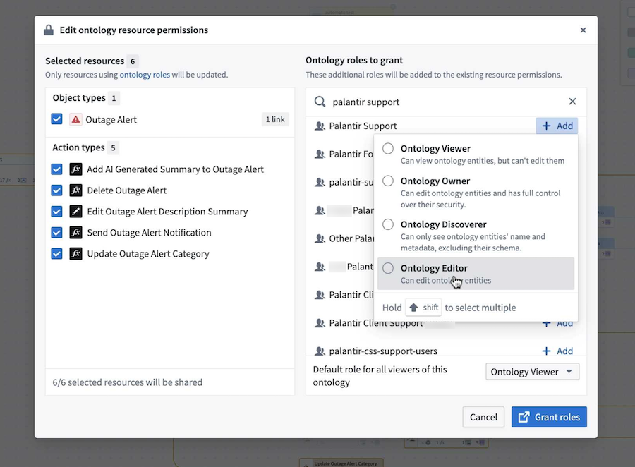 The Edit ontology resource permissions window in Workflow Lineage where you can apply bulk updates to ontology roles.