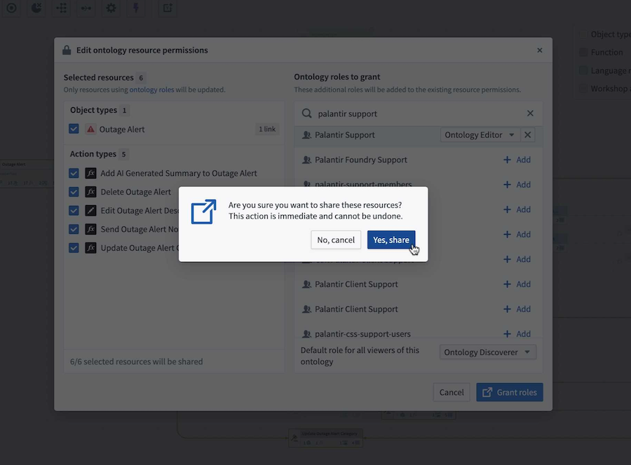 The confirmation prompt to verify your ontology role grant selections.