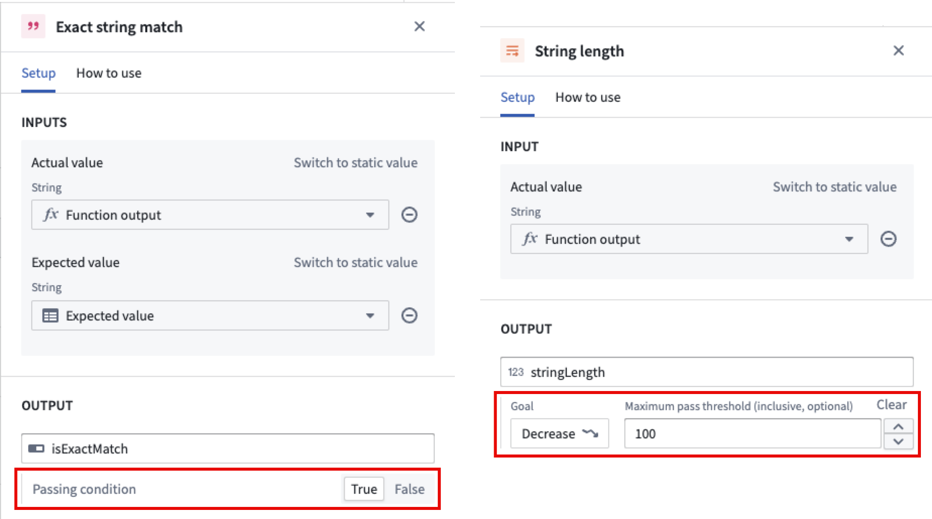 Pass/fail configurations configured for Boolean and numerical metrics.