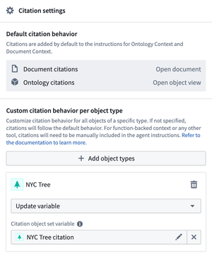 Configure custom citation behavior per object type in the AIP Agent Studio sidebar.