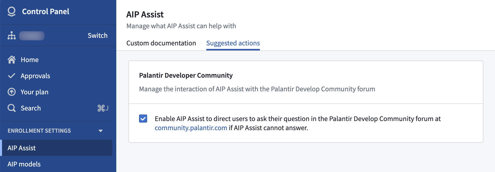 在 AIP Assist 中启用或禁用重定向到 community.palantir.com。