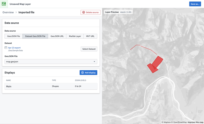 带有数据集存储的geojson文件的地图图层编辑器矢量配置。