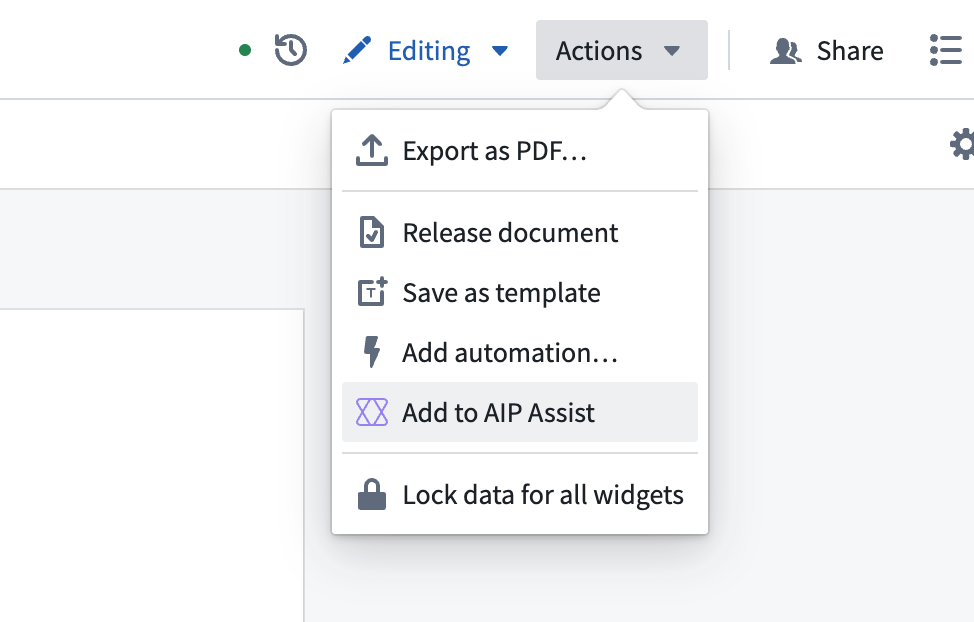 记事本操作下拉菜单中的“添加到 AIP Assist”选项。