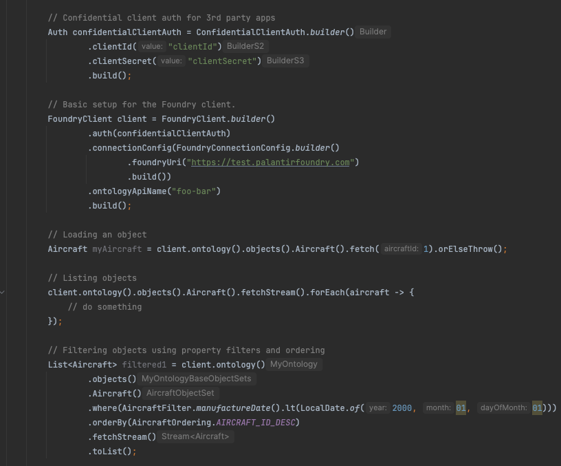 生成的 Ontology SDK 的 Java 库代码示例。