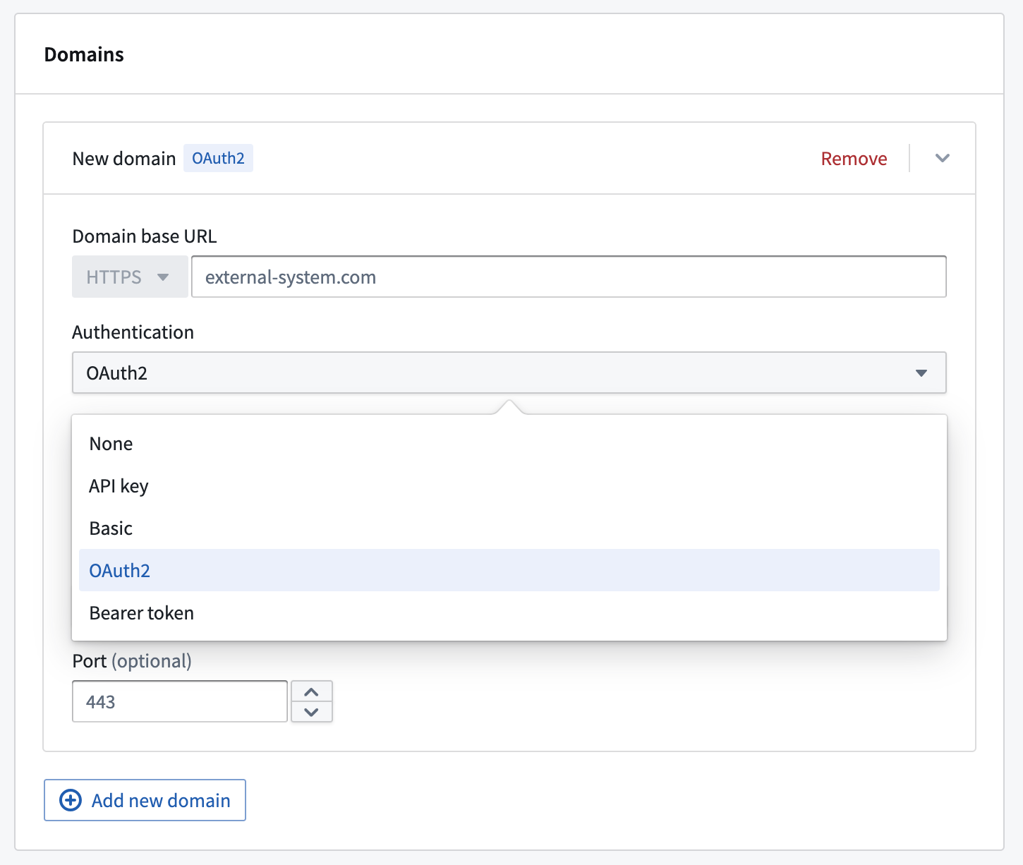 Setting the authentication method for a domain in a REST API source.