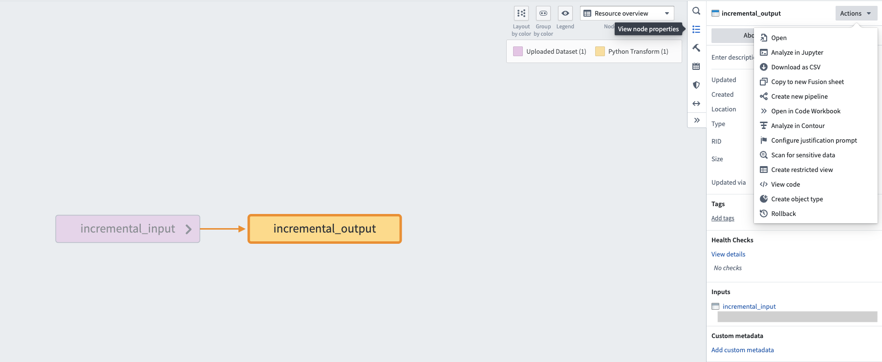 The right editor panel in Data Lineage with the option to View node properties.