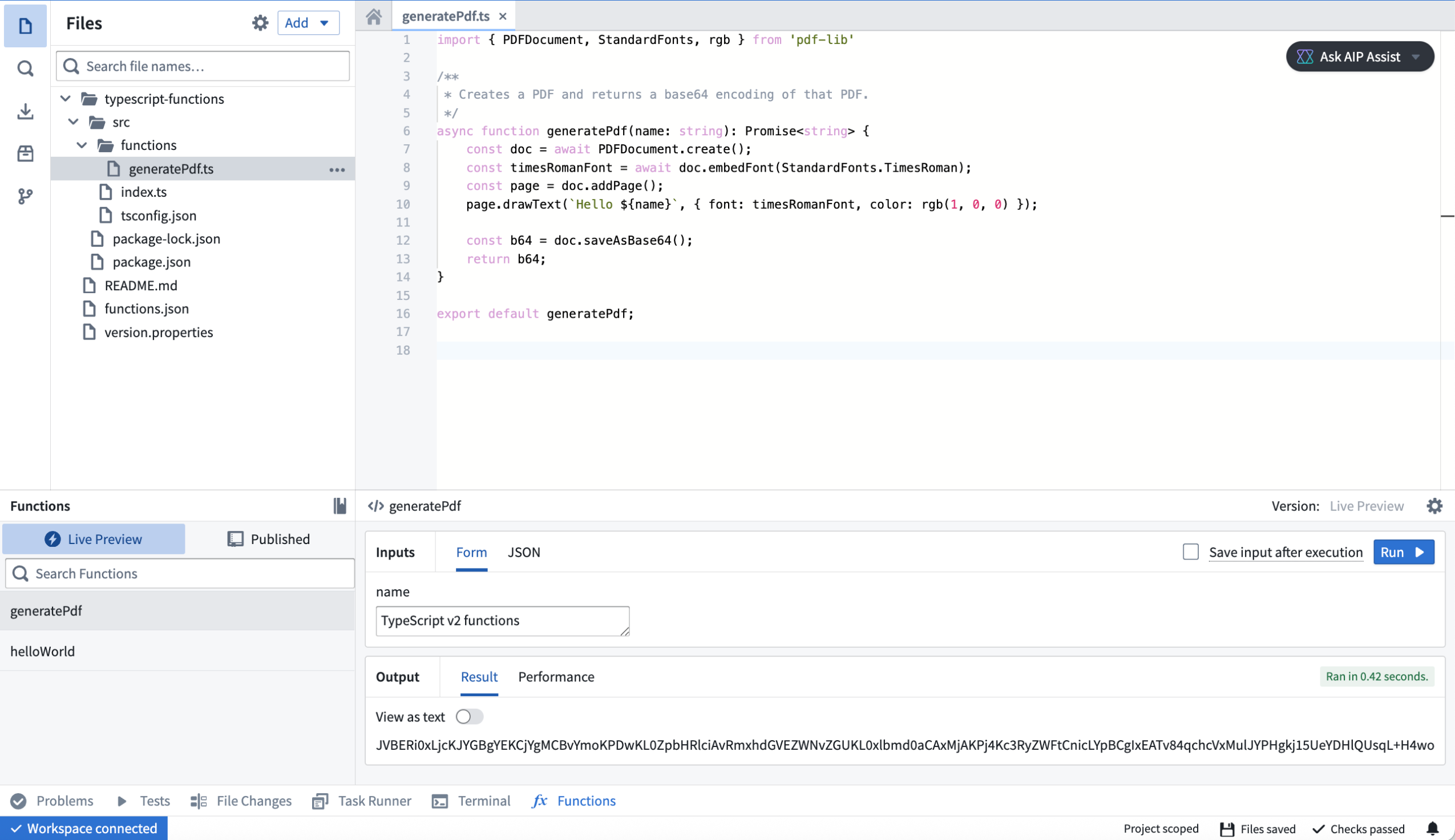 An example of a  pdf-lib TypeScript v2 function in a code repository.