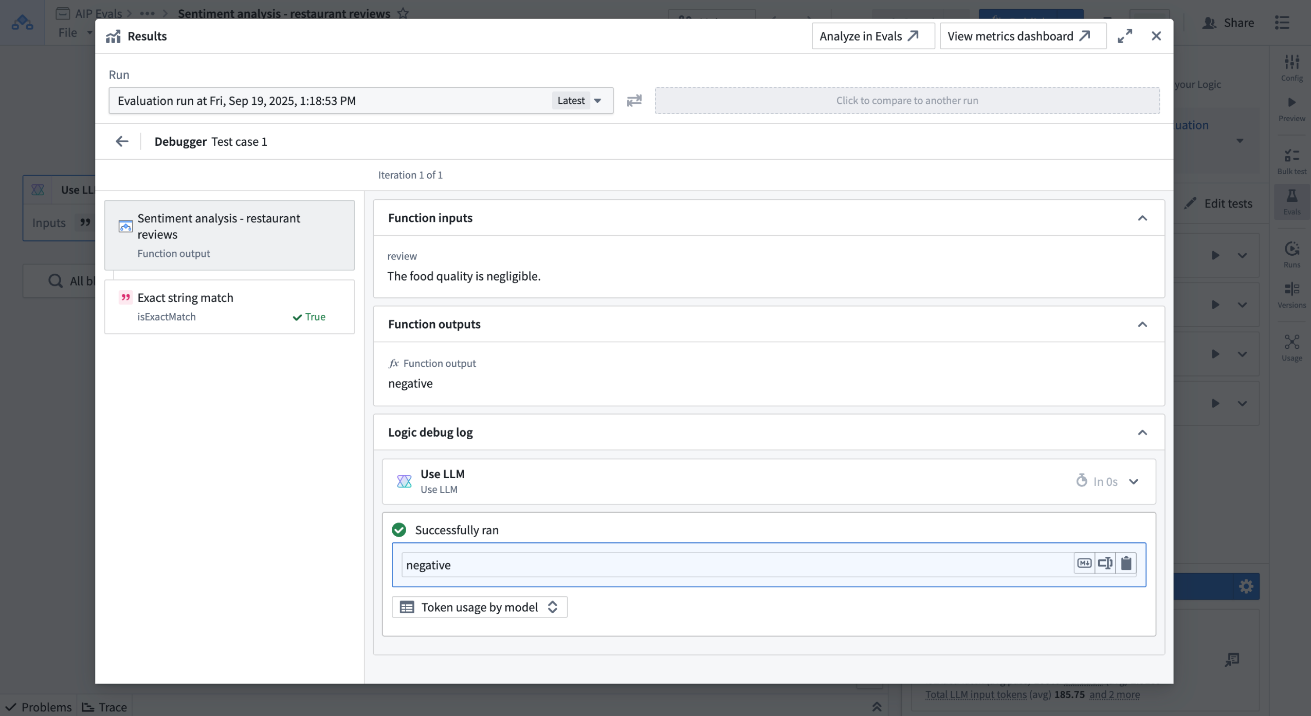 Debug view for a test case.
