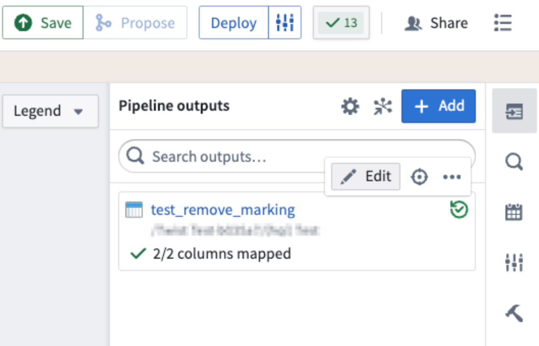 Select Edit on the output on which you would like to remove inherited markings and organizations.