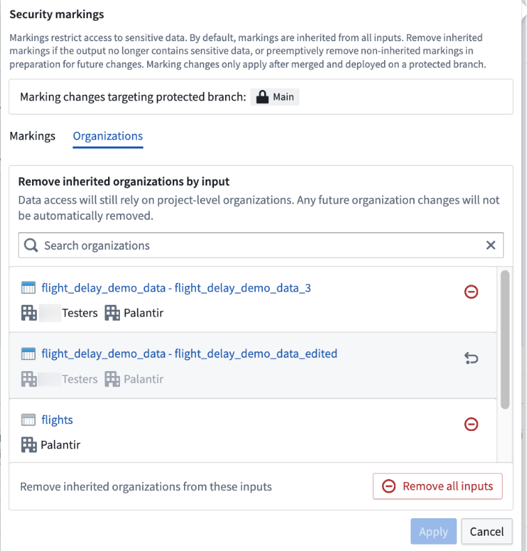 Remove an organization marking by deleting all inputs containing it. In this example this means both inputs with the Testers organization.