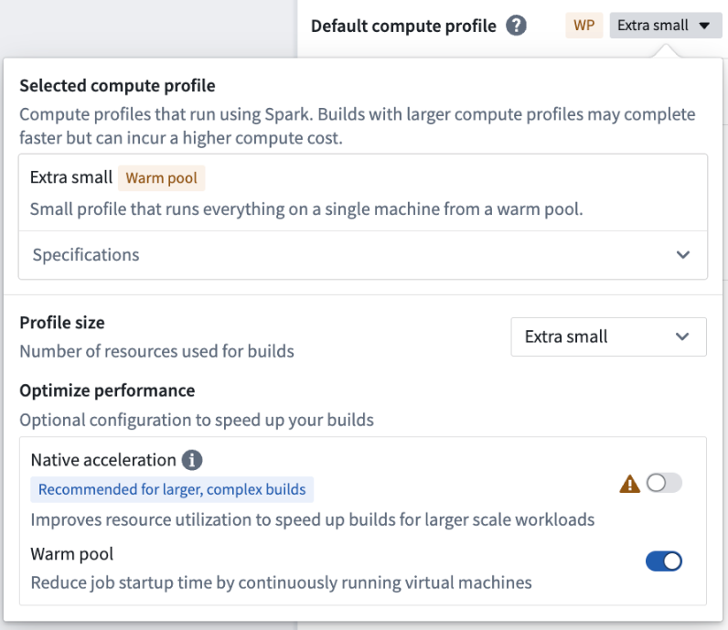 Example of the compute profile dialog with the Warm pool option enabled.