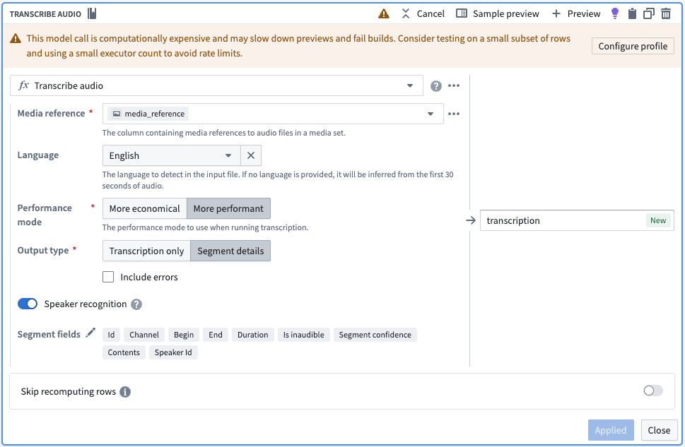 The Transcribe audio transform board in Pipeline Builder with options selected to output diarization results with transcription.
