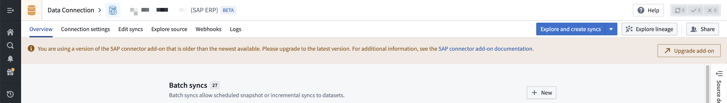Banner shown if the SAP system does not use the latest SAP add-on.