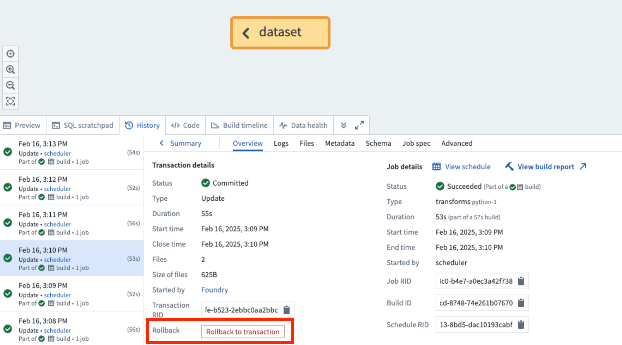 The Roll back to transaction option listed in a selected transactions Overview tab.