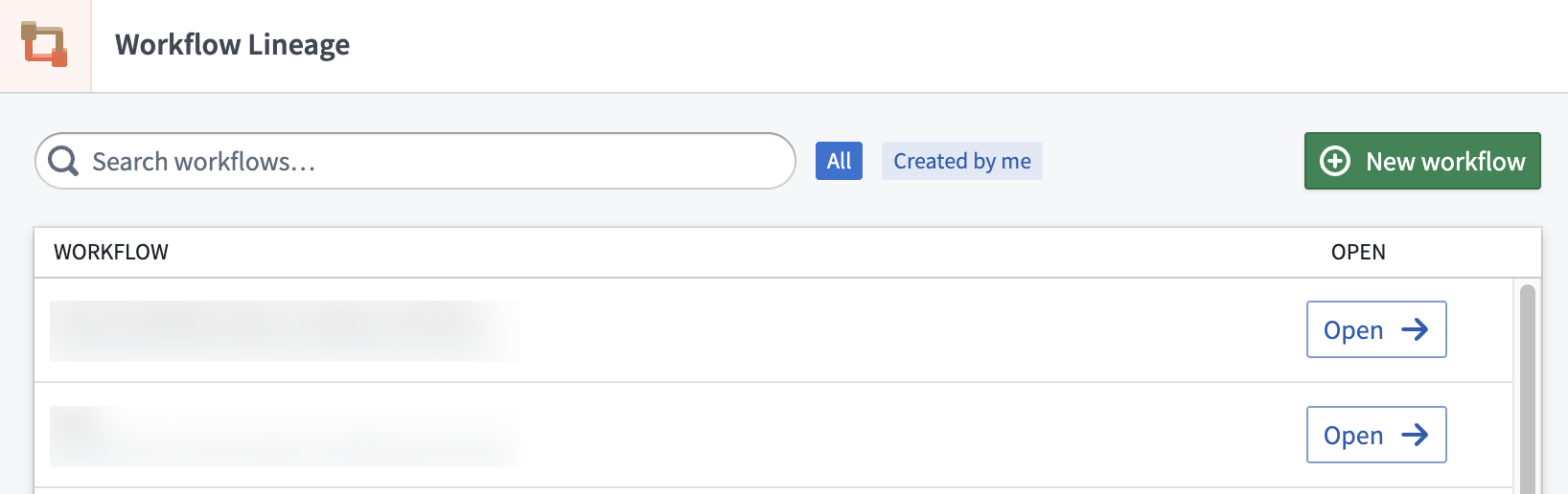 The newly renamed Workflow Lineage home page.
