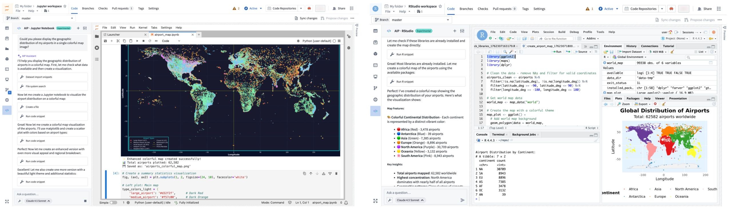 An AIP agent helps you write code and generate visualizations in JupyterLab and RStudio Code Workspaces.