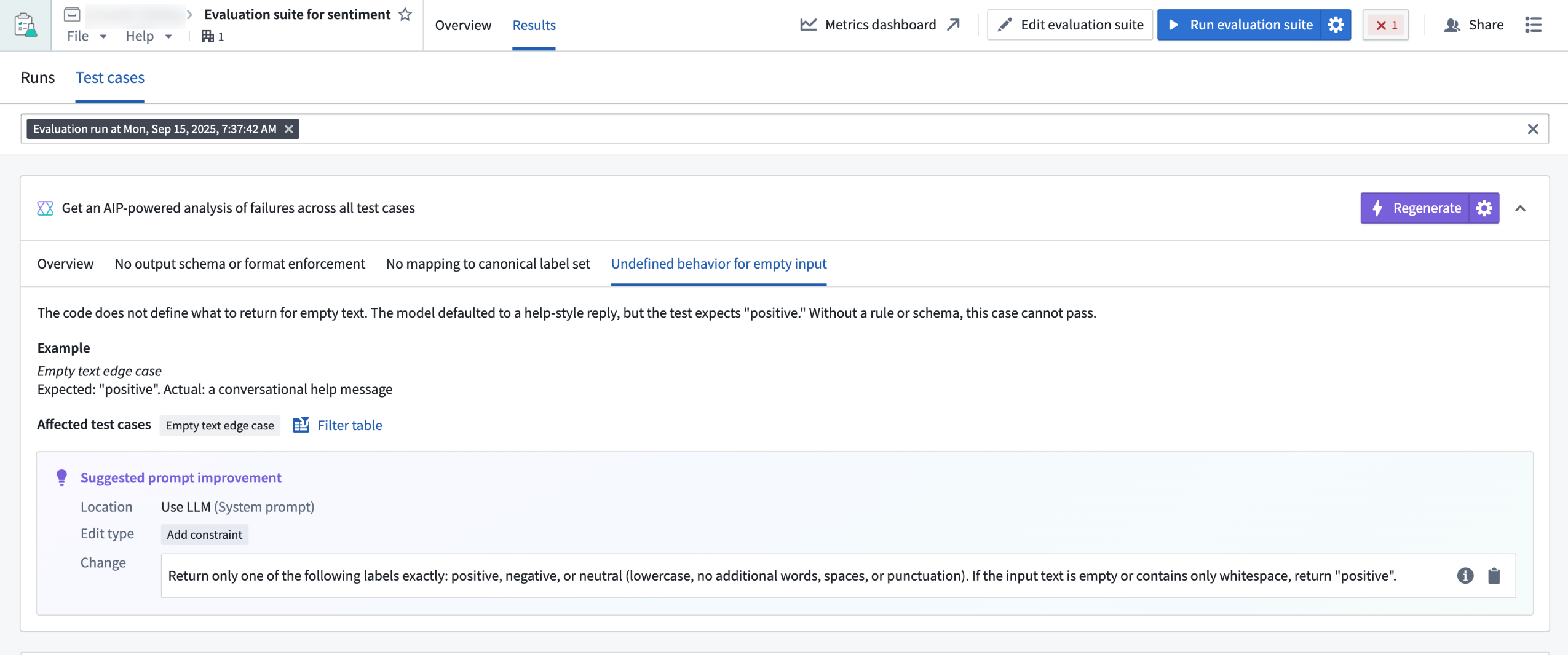 A view of the results analyzer in the AIP Evals application.