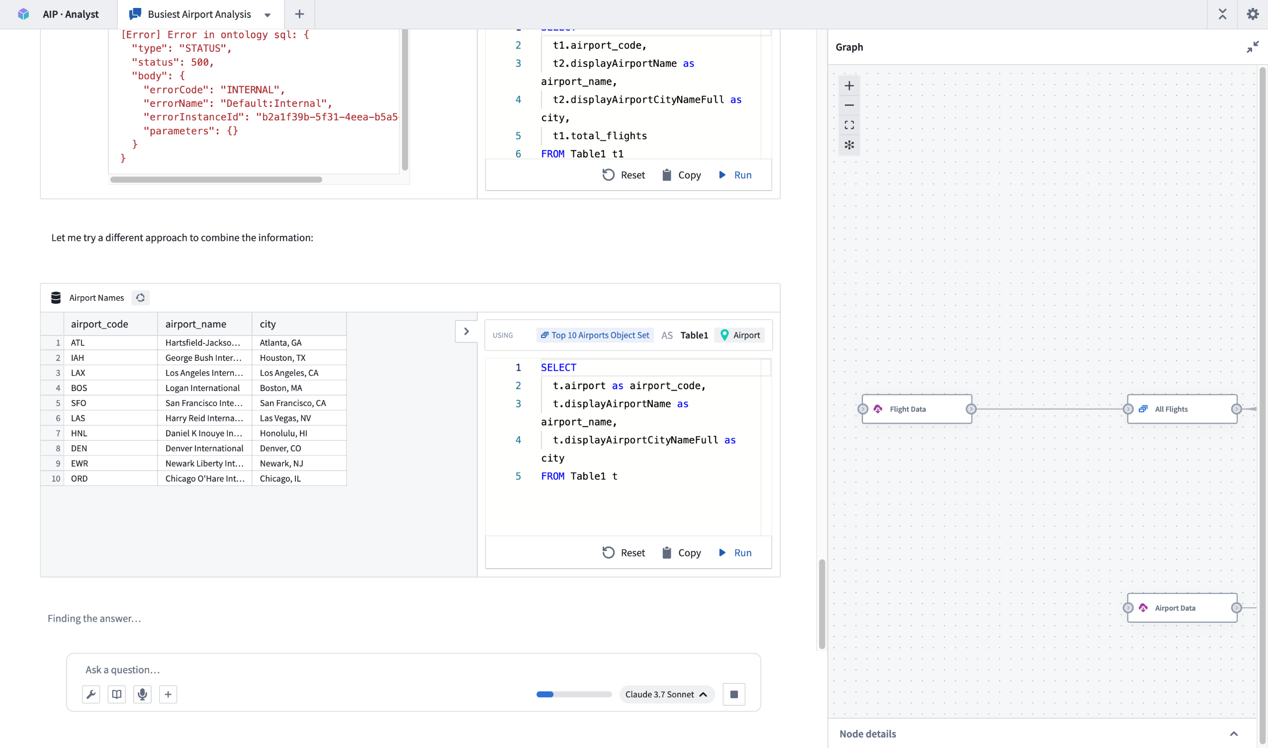 AIP Analyst in the process of answering a question with the graph tab expanded.