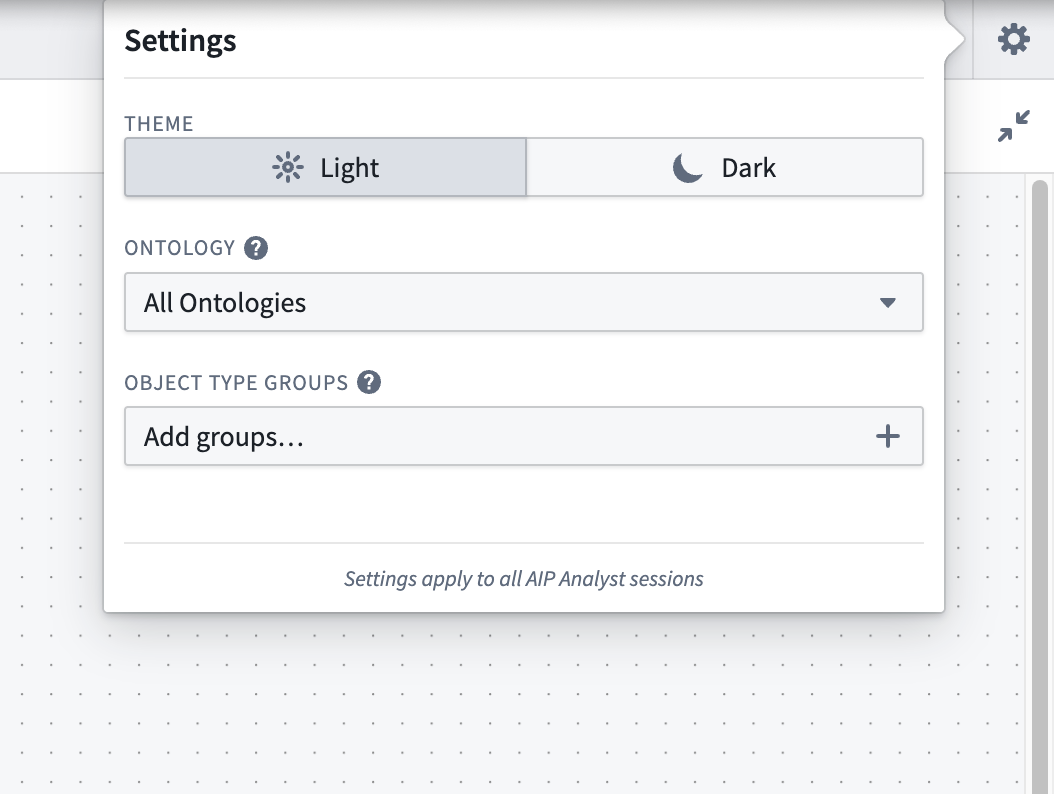 The AIP Analyst Settings menu with ontology and object type group options.